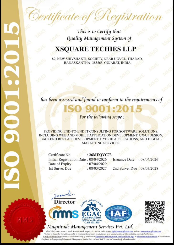 ISO 9001:2015 certificate of registration for XSQUARE TECHIES LLP.