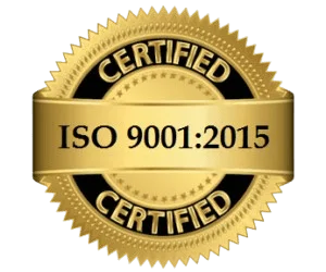 ISO 9001:2015 Certified gold seal, signifying quality management standards.
